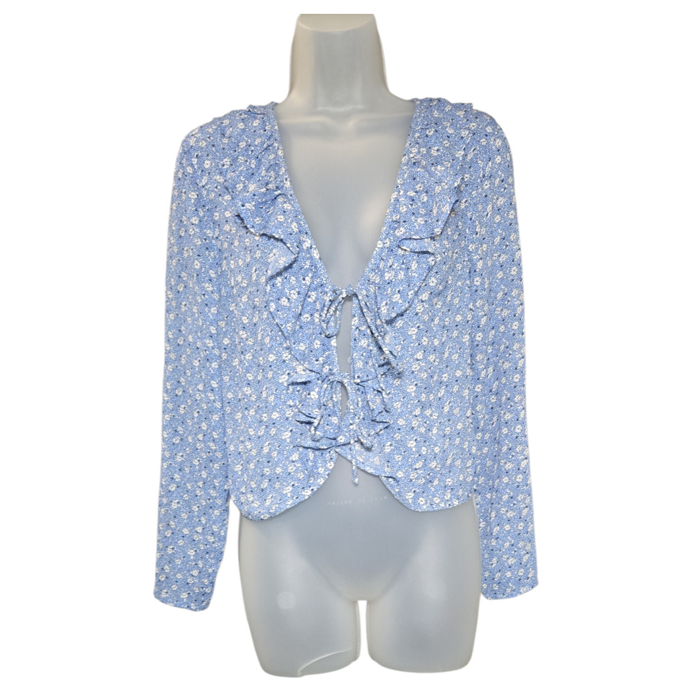 Abercrombie Fitch Women Small Blue Micro Floral Tie Front Ruffle Cropped Blouse